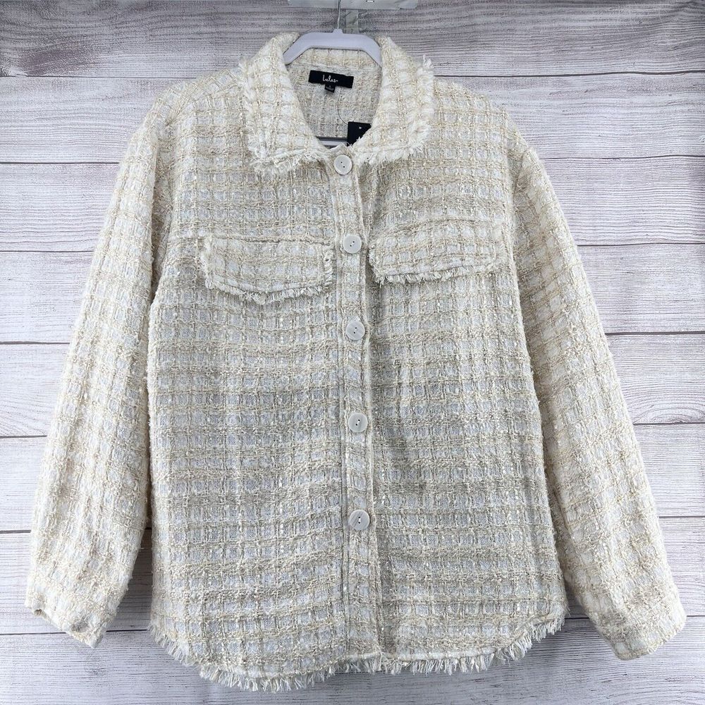 Lulu's Cozy Knit Ivory Tweed Shacket Casual Blazer Jacket Sz‎ L Button Down NEW